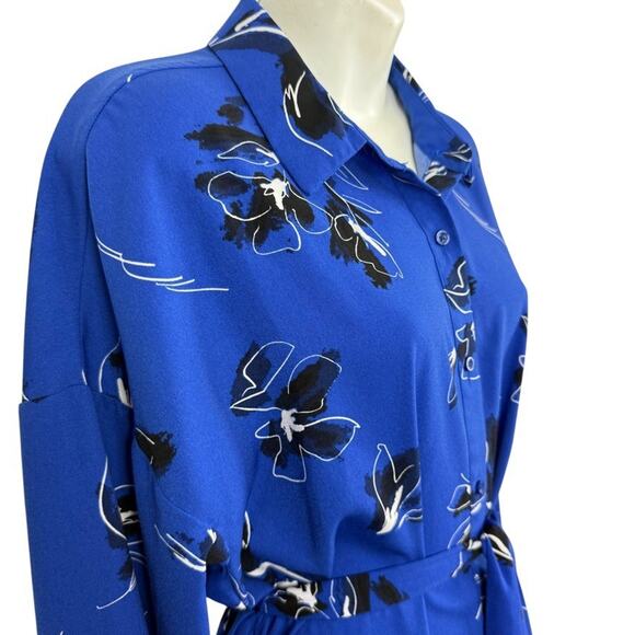 Nine West Womens Blue Floral Long Sleeve Button Up Shirt Dress Belted sz Large - Picture 4 of 16